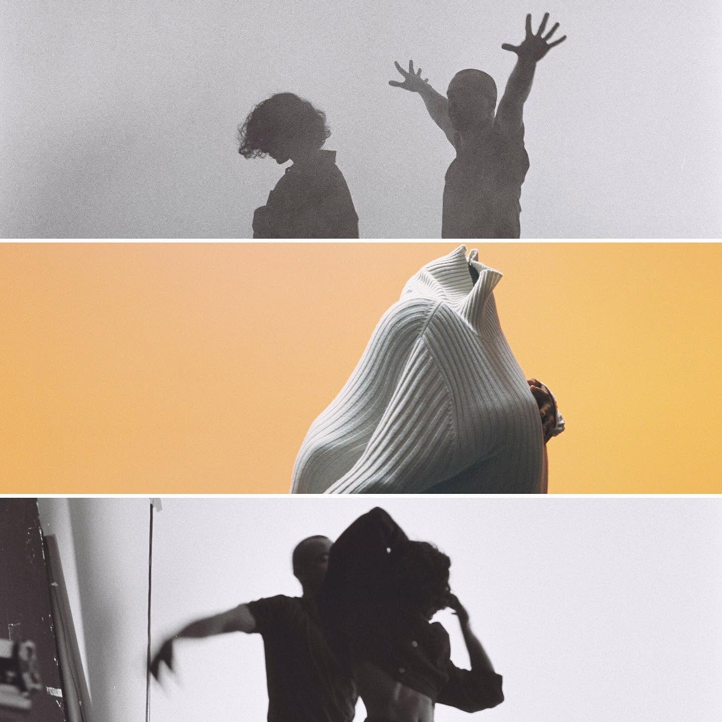 Three archival performance images exploring silhouette, costume and movement